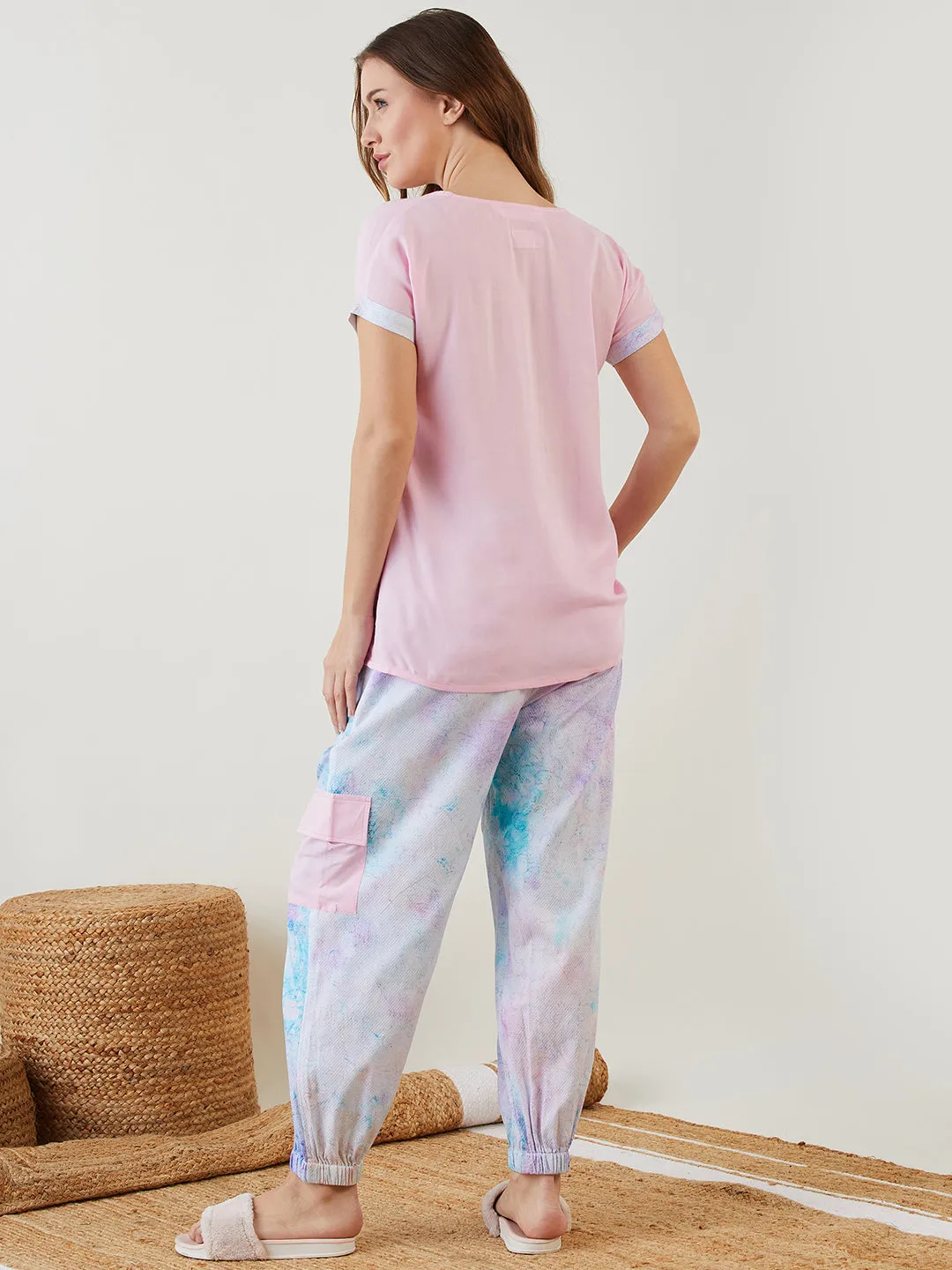 Pink Tie-Dye Printed Night Suit