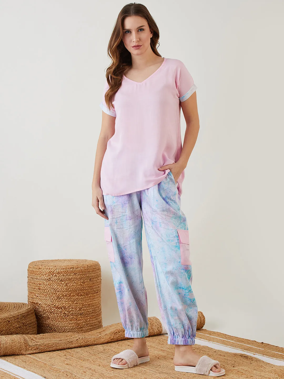 Pink Tie-Dye Printed Night Suit