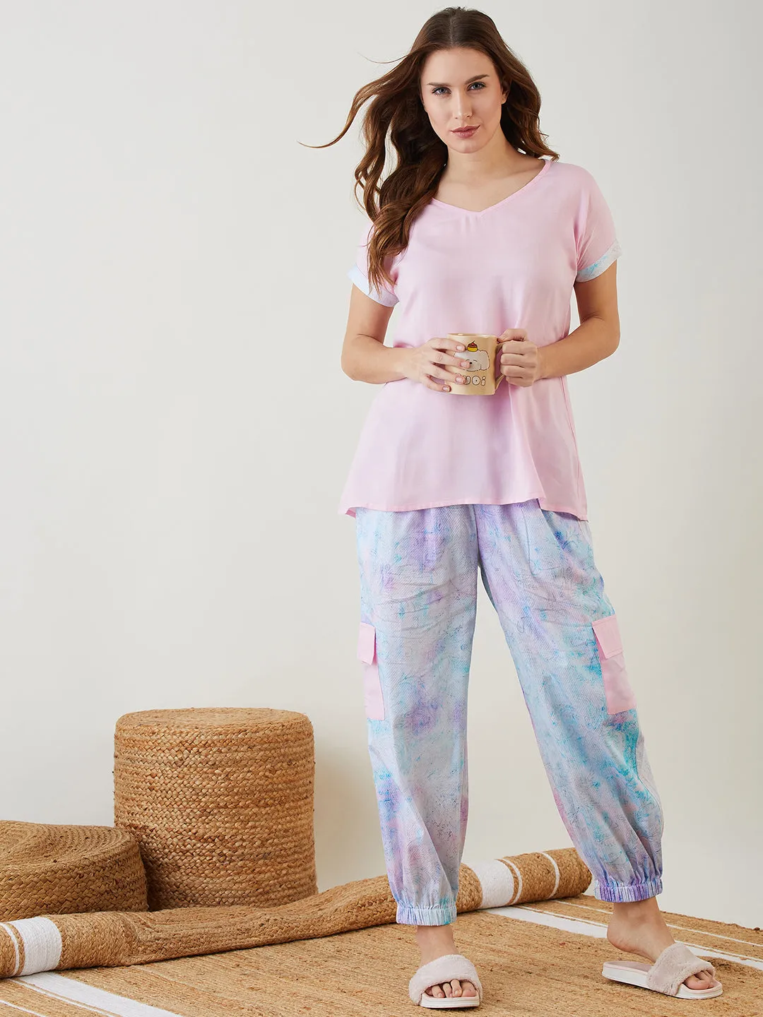 Pink Tie-Dye Printed Night Suit