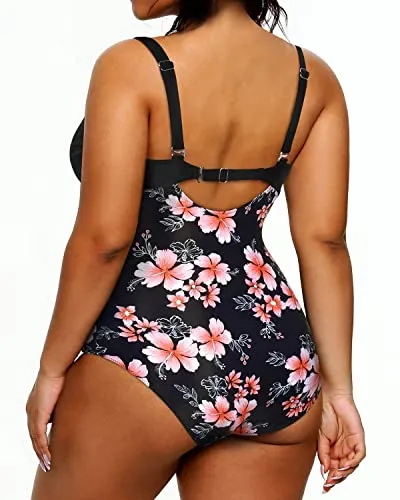 Plunge Deep V-Neck Plus Size Swimsuit For Women-Black Flower