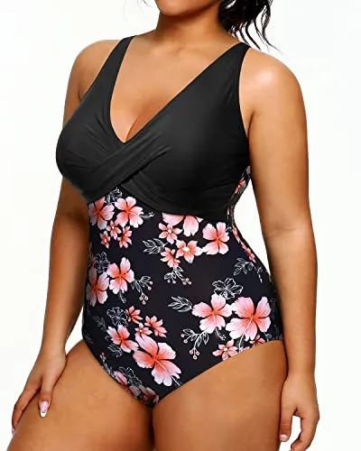 Plunge Deep V-Neck Plus Size Swimsuit For Women-Black Flower