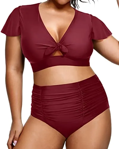 Plus Size Two Piece Swimsuits High Waisted Bathing Suits Short Sleeve Swimwear-Maroon