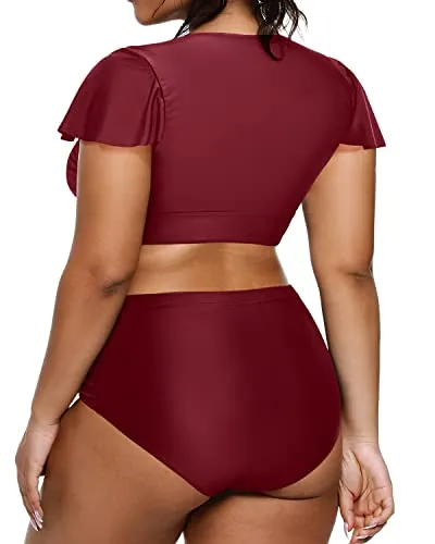 Plus Size Two Piece Swimsuits High Waisted Bathing Suits Short Sleeve Swimwear-Maroon