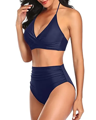 Removable Padded Bra Two-Piece High Waisted Bathing Suit-Navy Blue