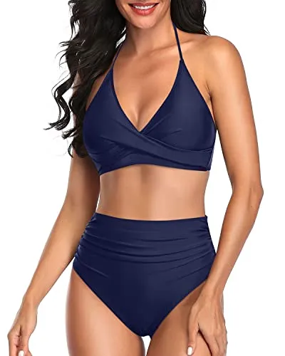 Removable Padded Bra Two-Piece High Waisted Bathing Suit-Navy Blue