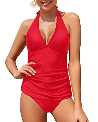 Ruffle V Neck Tankini Top With Tummy Control For Women-Red