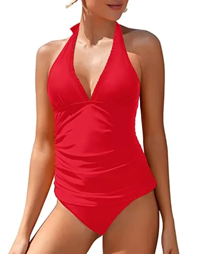 Ruffle V Neck Tankini Top With Tummy Control For Women-Red