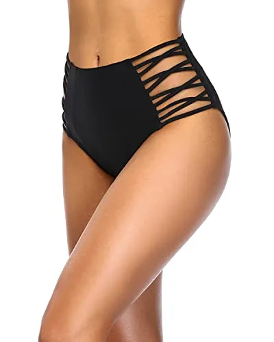 Sexy High Waisted Bikini Bottom Tummy Control Swim Shorts-Black