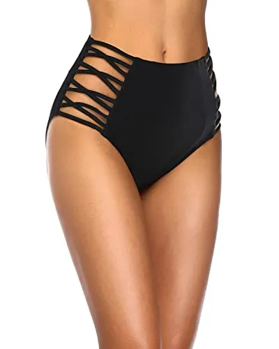 Sexy High Waisted Bikini Bottom Tummy Control Swim Shorts-Black