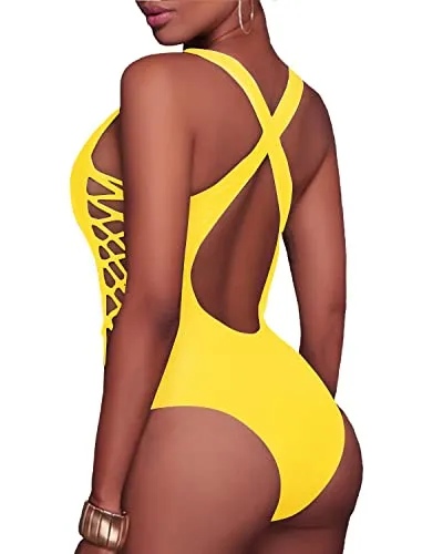 Sexy Strappy One Piece Swimsuit For Curvy Women-Neon Yellow