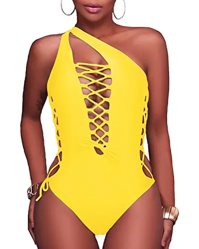 Sexy Strappy One Piece Swimsuit For Curvy Women-Neon Yellow