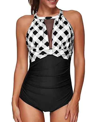 Stylish Halter High Neck Mesh Tummy Control Bathing Suit-Large Black Plaid