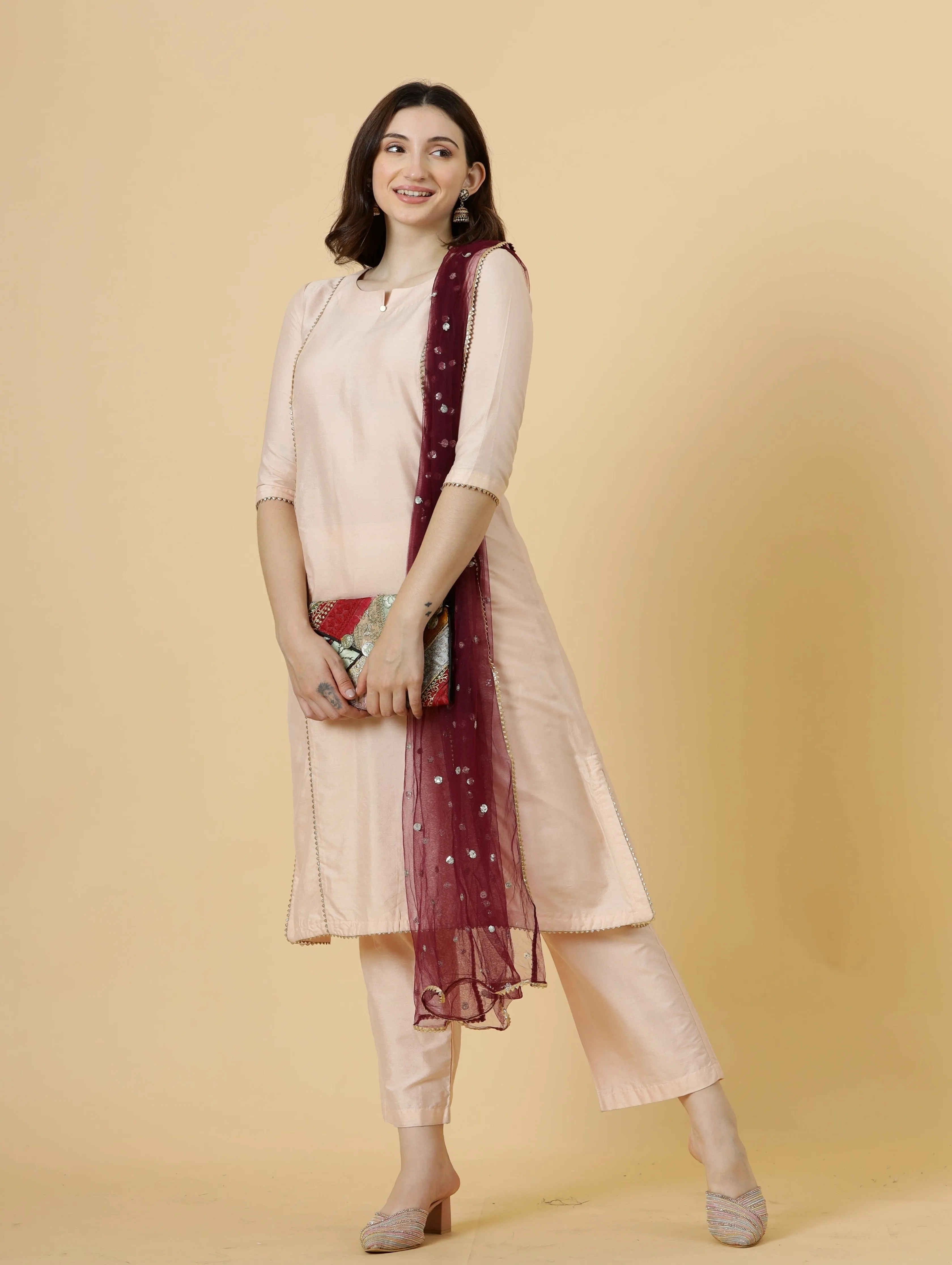 Stylish Peach A-Line Kurti-Palazzo Set paired with Wine Sequin dupatta