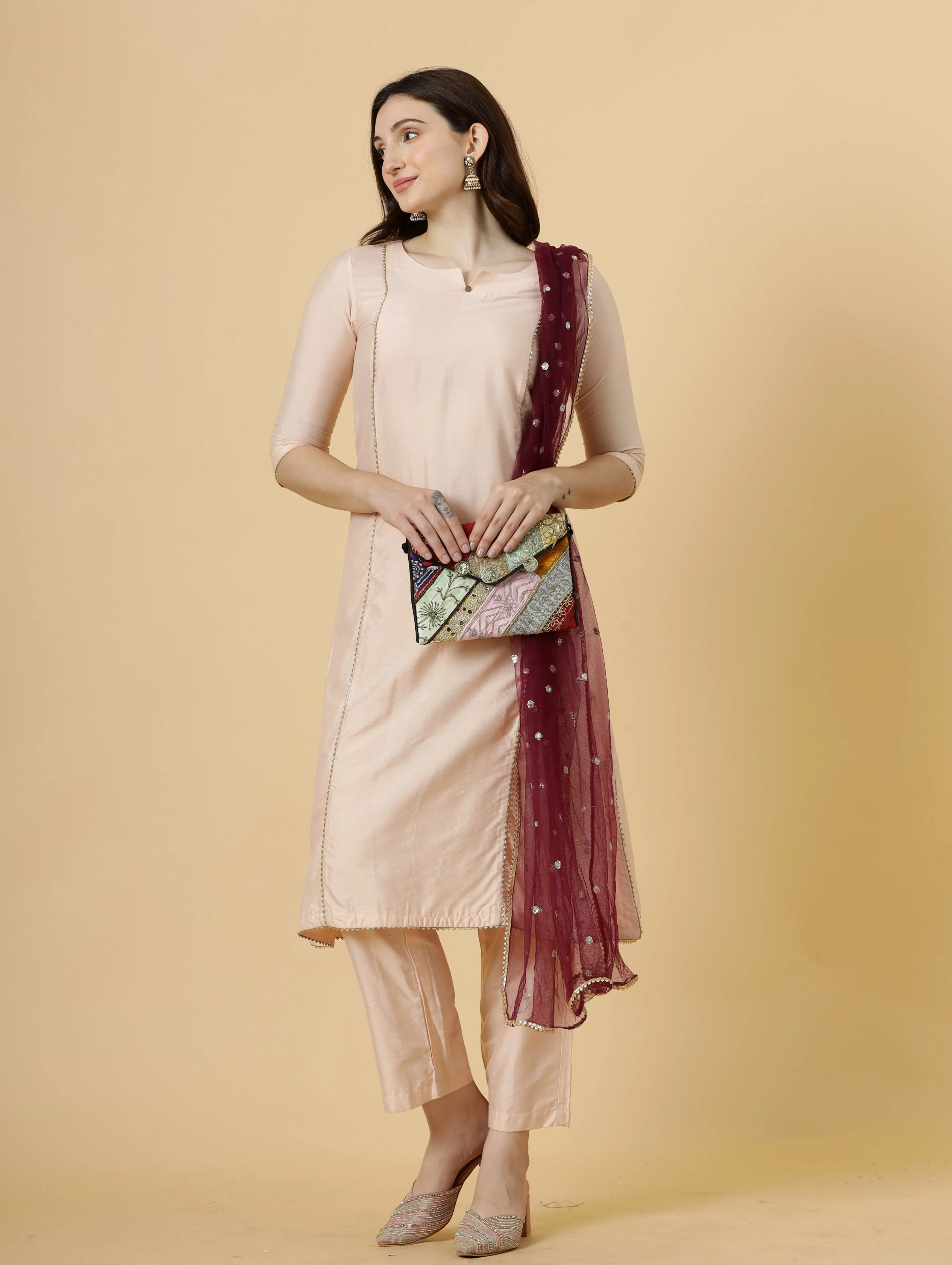 Stylish Peach A-Line Kurti-Palazzo Set paired with Wine Sequin dupatta