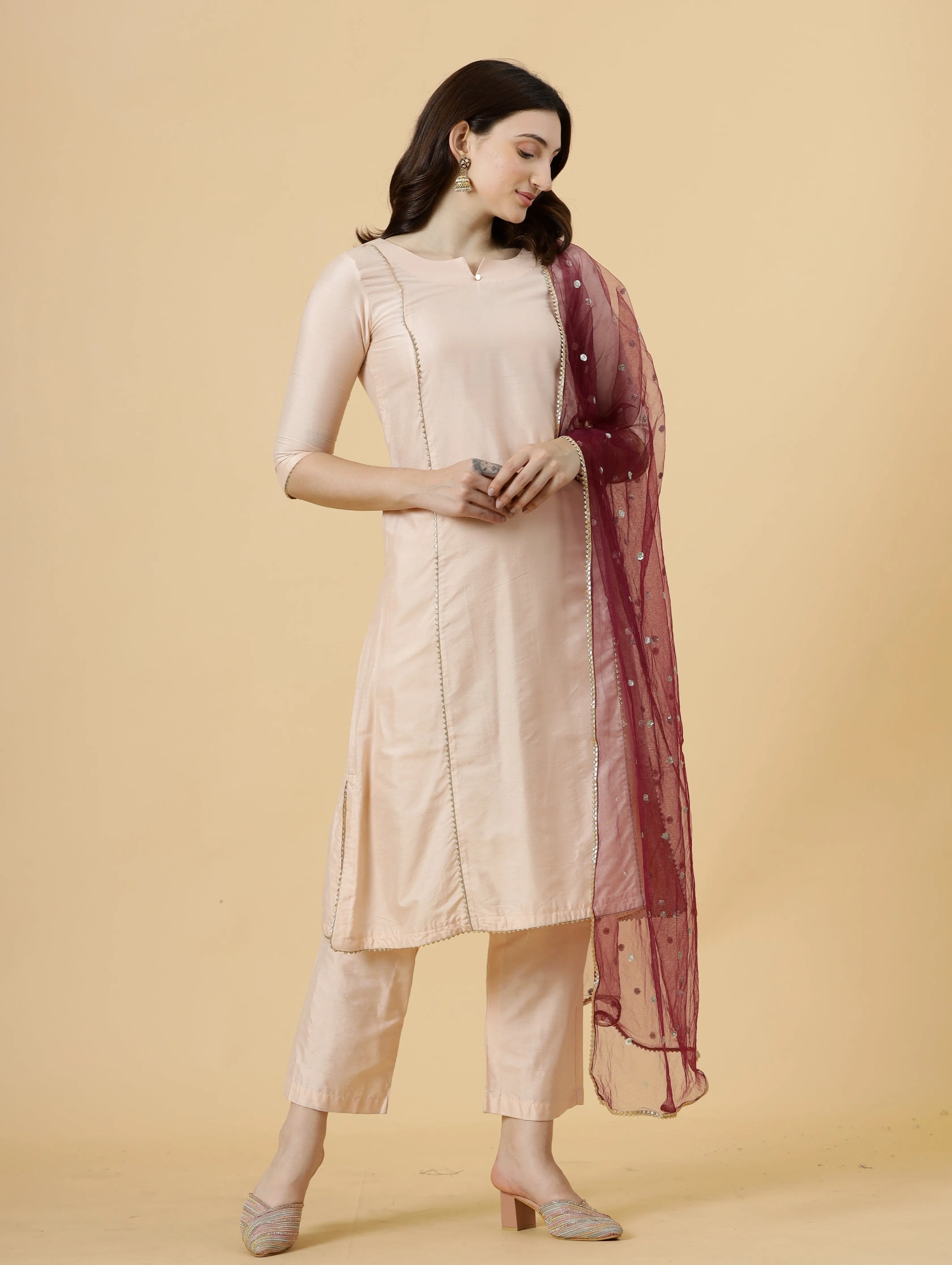 Stylish Peach A-Line Kurti-Palazzo Set paired with Wine Sequin dupatta