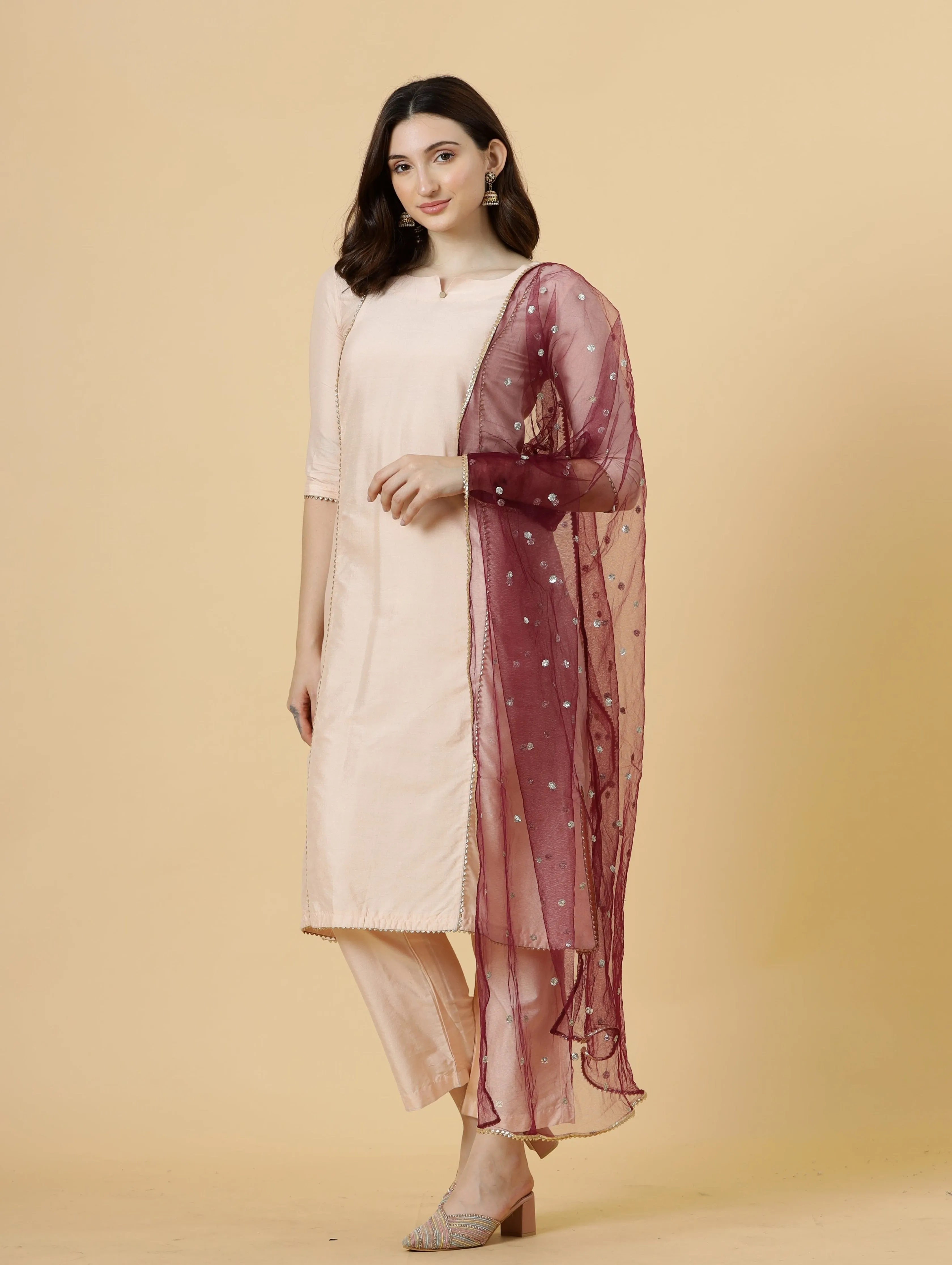 Stylish Peach A-Line Kurti-Palazzo Set paired with Wine Sequin dupatta