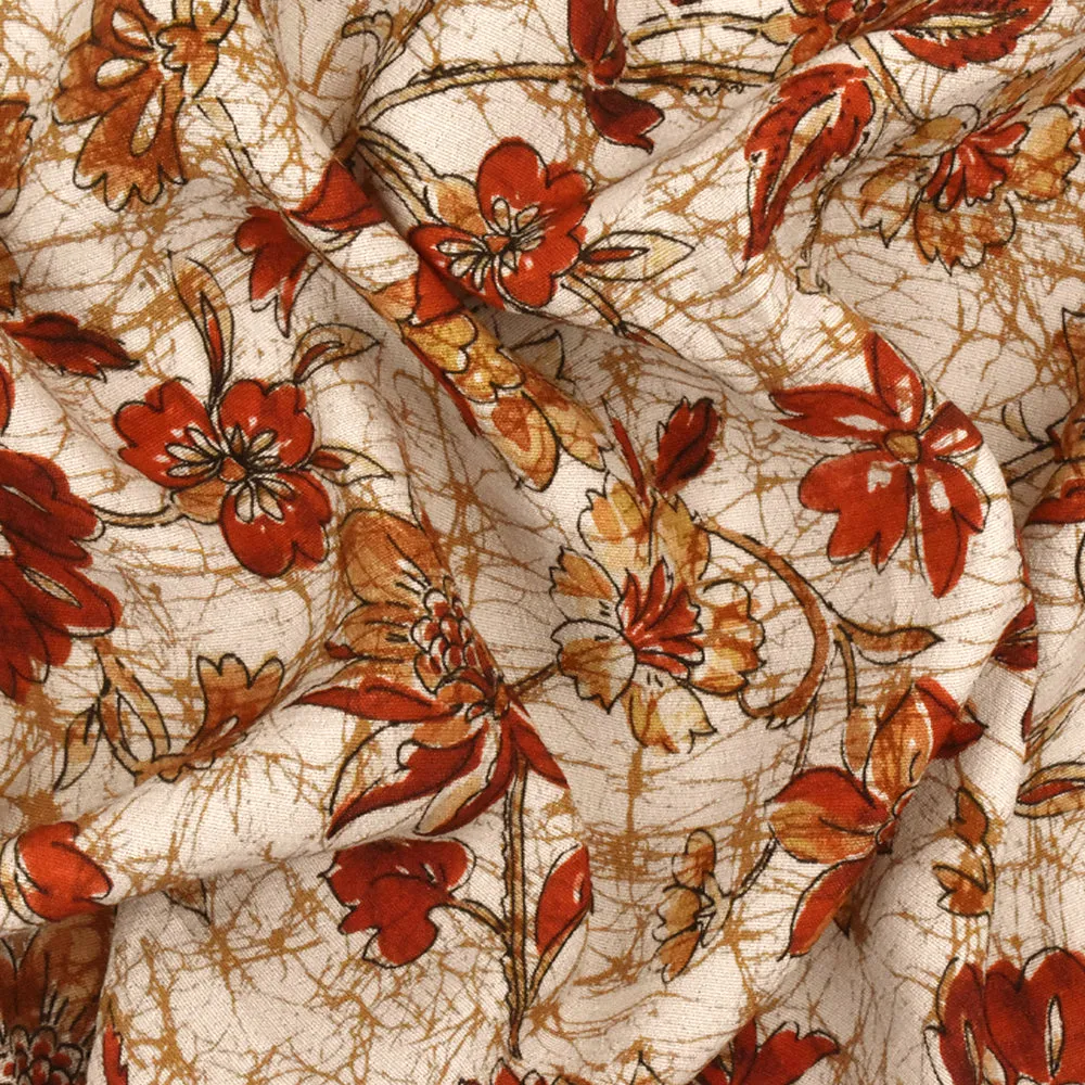 Sunset Red-Multi Famous Designer Floral Printed Rayon Crepe Faille Fabric