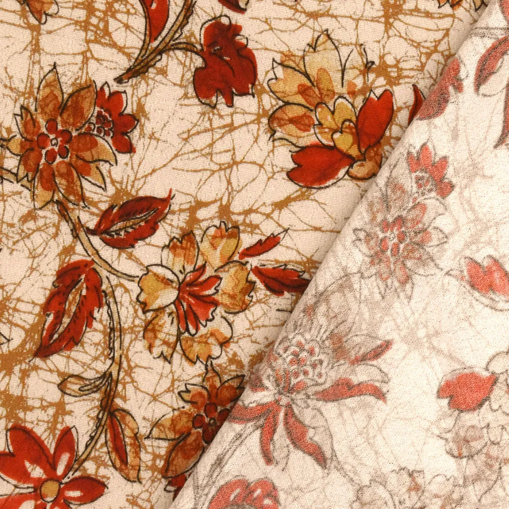 Sunset Red-Multi Famous Designer Floral Printed Rayon Crepe Faille Fabric