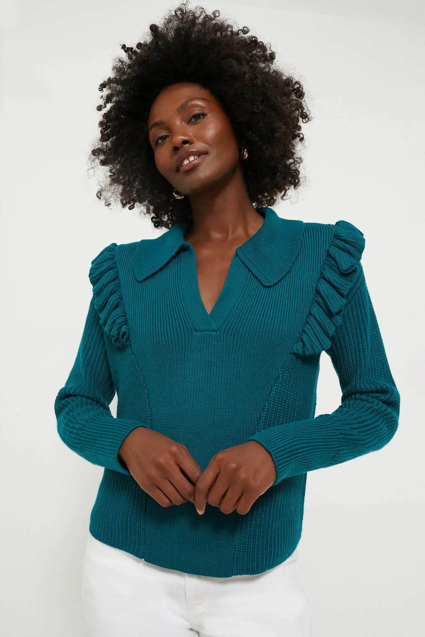 Teal Ruffle Casey Collared V-Neck Sweater