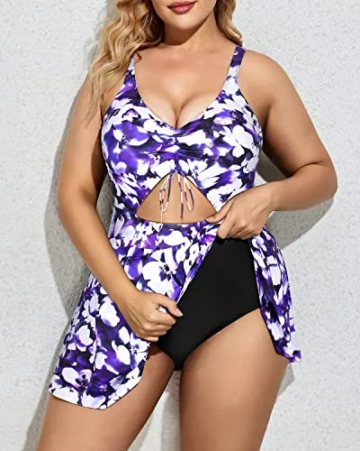 Tie Front V Neck Plus Size One Piece Swimdress For Curvy Women-Blue Floral