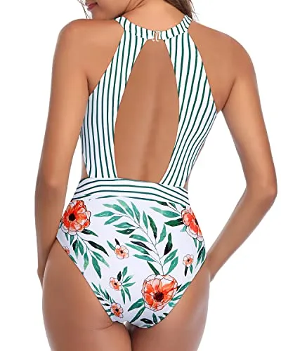 Tummy Control One Piece Cutout Swimsuits For Women-White Floral