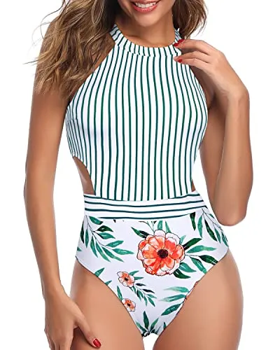 Tummy Control One Piece Cutout Swimsuits For Women-White Floral