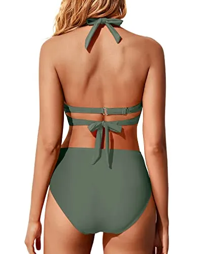 Twist Front Halter Bikini Set With High Waisted Bottoms For Women-Olive Green