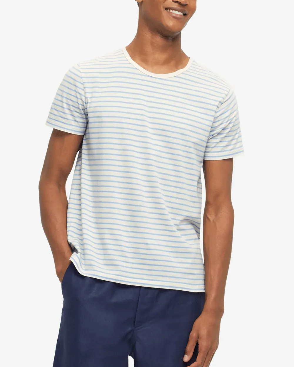 White and Blue Striped Pima Cotton Short Sleeve T-Shirt