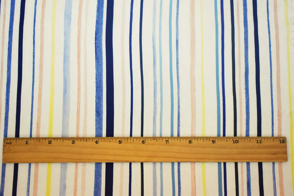 White-Blue-Multi Stripe Printed Rayon Twill Woven Fabric