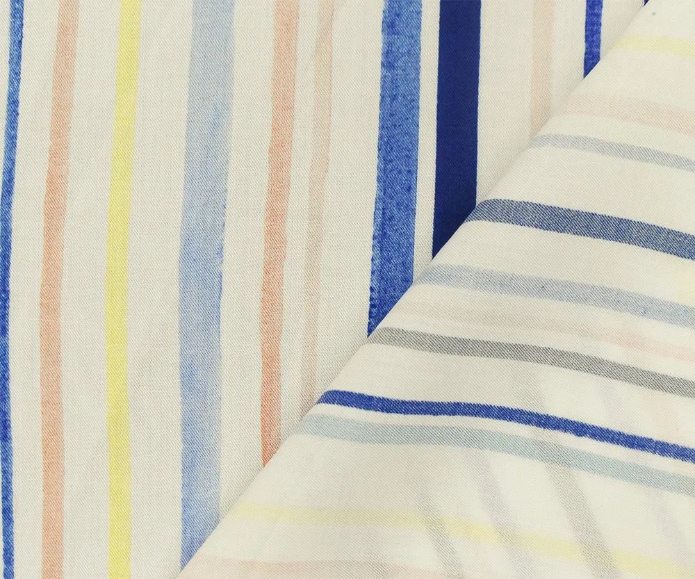 White-Blue-Multi Stripe Printed Rayon Twill Woven Fabric