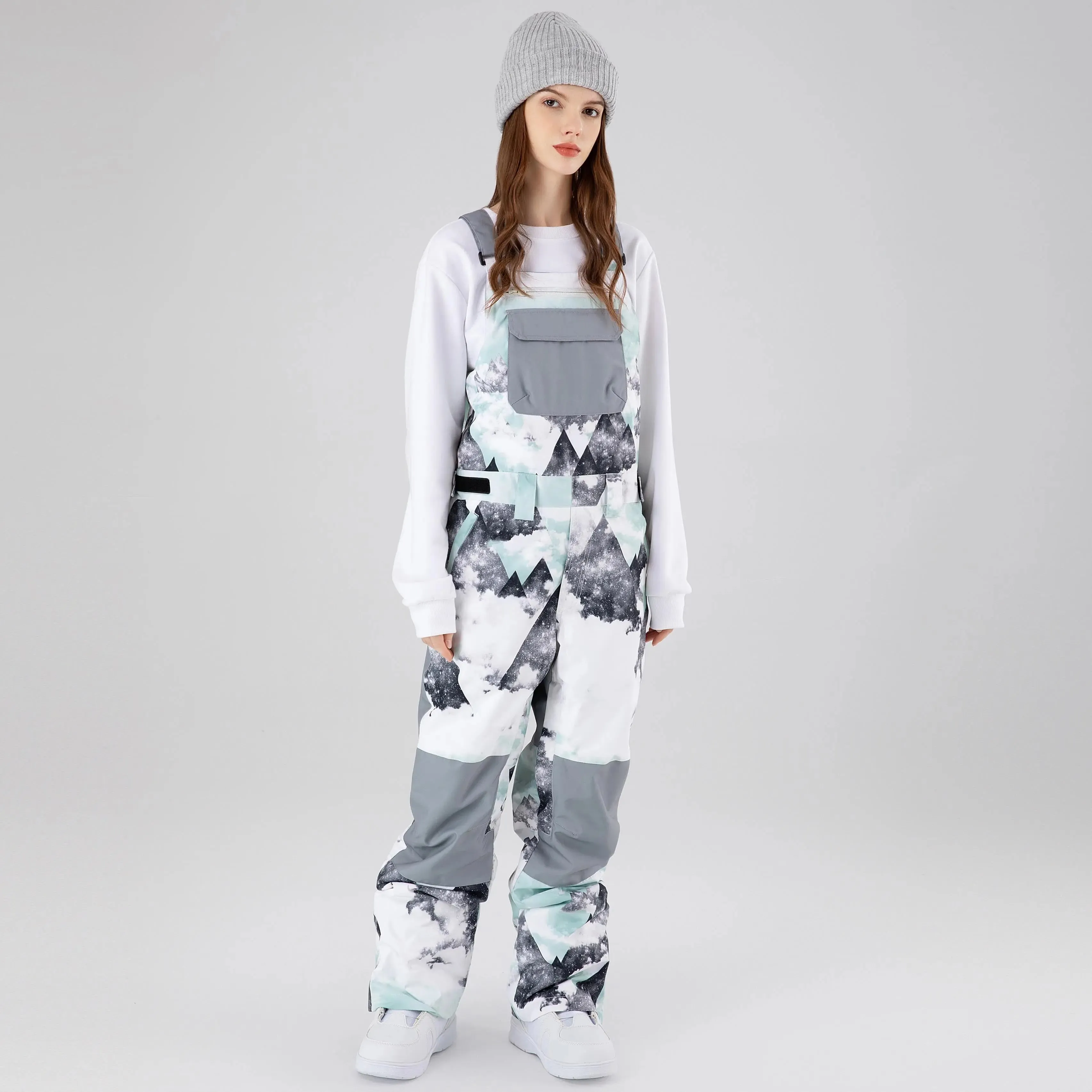 Women Insulated Ski Bibs Pants Graphic One-piece Ski Overalls