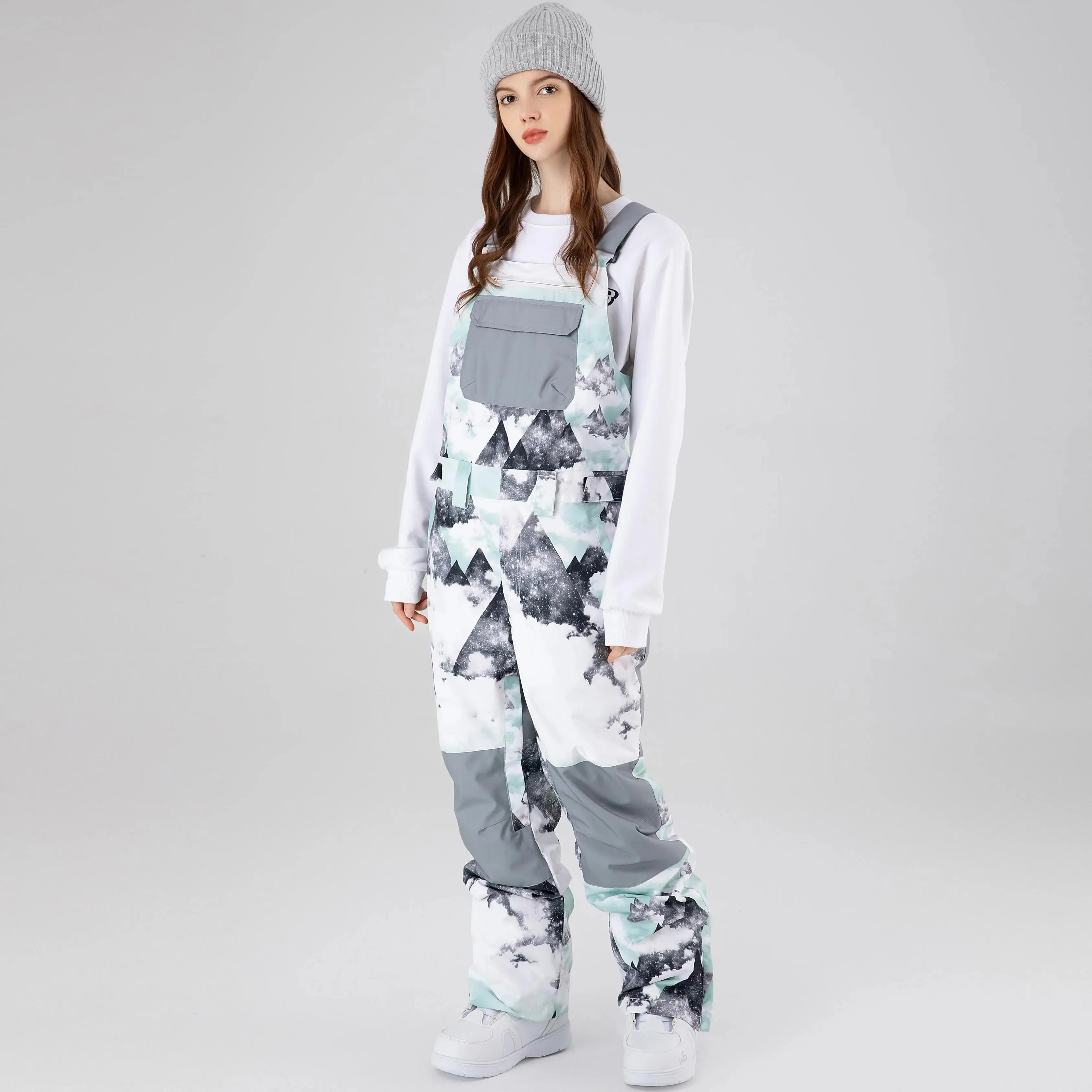 Women Insulated Ski Bibs Pants Graphic One-piece Ski Overalls