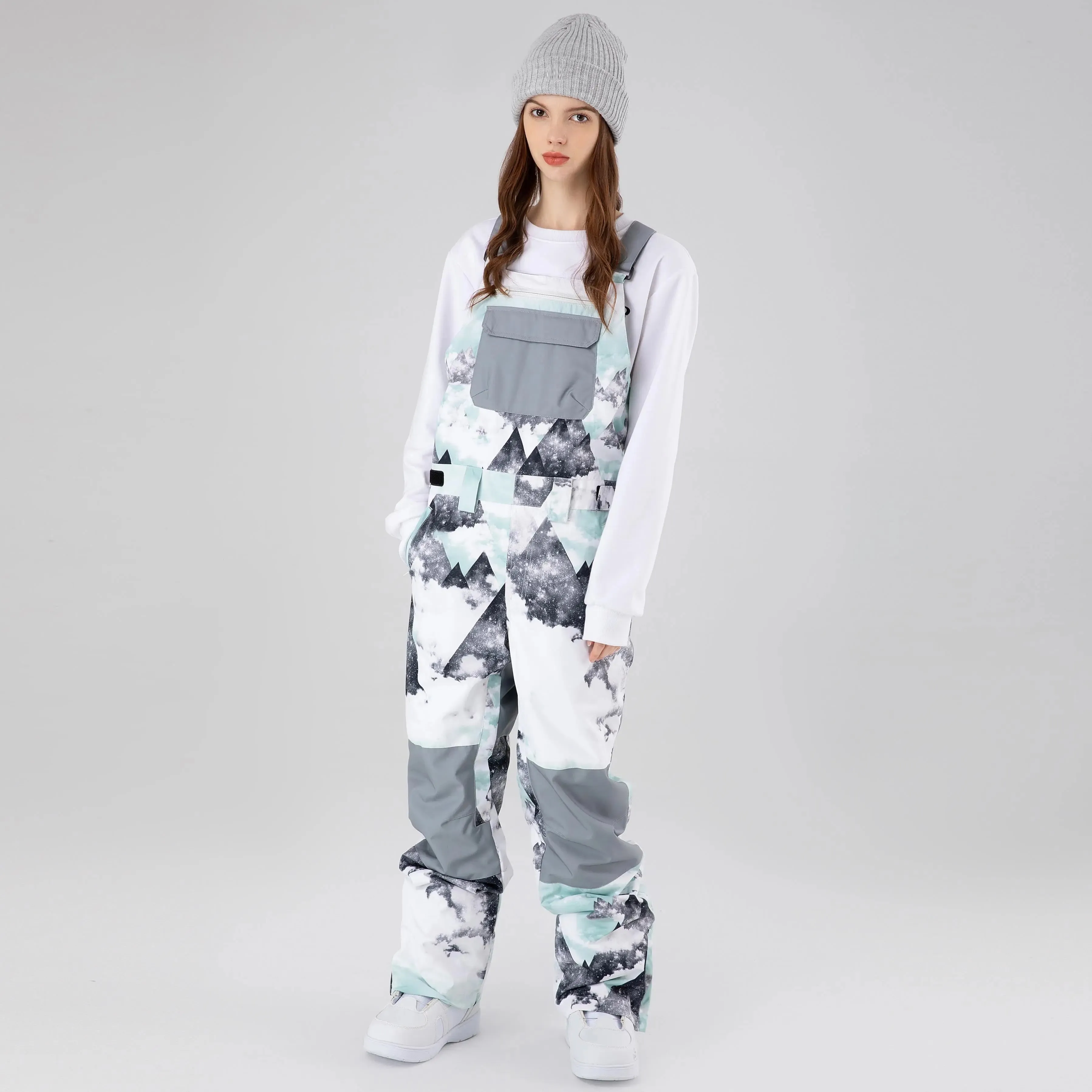 Women Insulated Ski Bibs Pants Graphic One-piece Ski Overalls