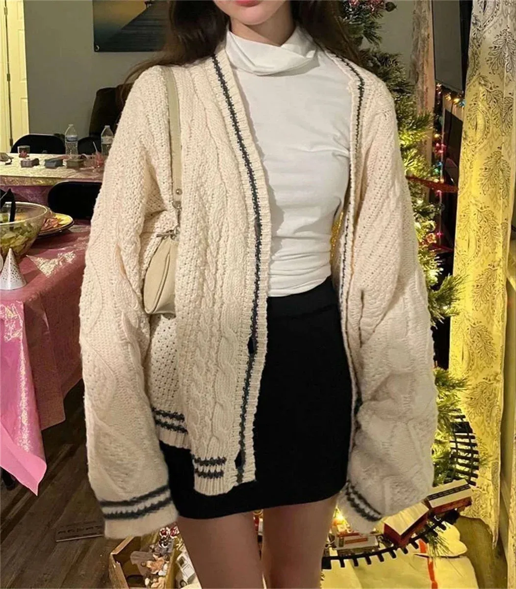 Women Winter Loose Knitted Cardigans Coat Star Embroidery Y2K Sweaters Streetwear Vintage Casual Single Breasted Long Sleeve Top