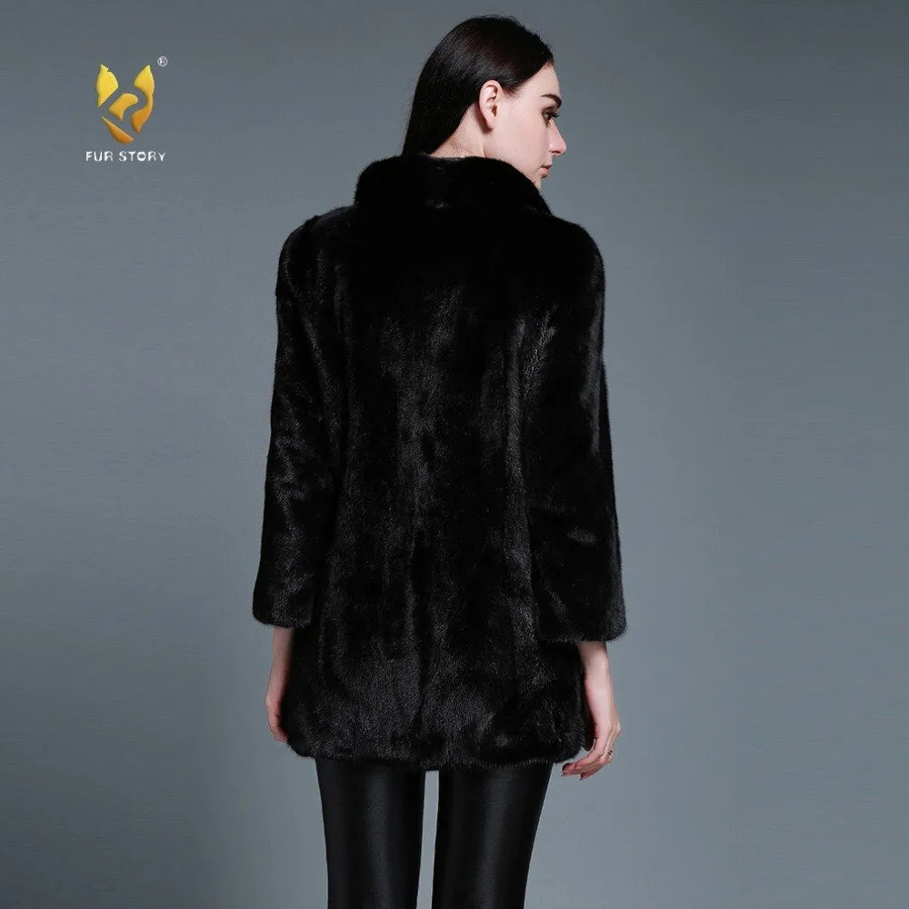 Women's Genuine Mink Fur Coat With Big Turn Down Collar Overcoat Female 161160