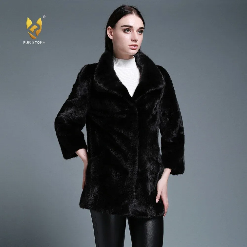 Women's Genuine Mink Fur Coat With Big Turn Down Collar Overcoat Female 161160