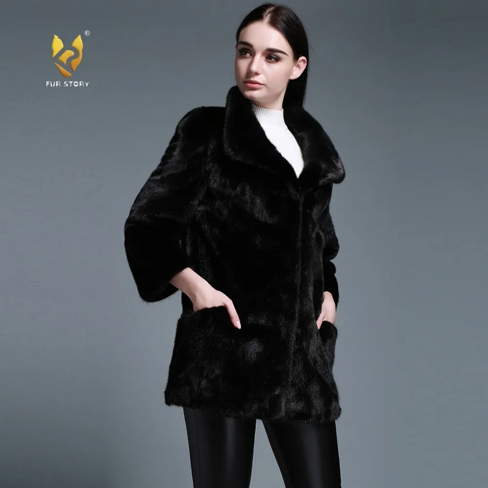 Women's Genuine Mink Fur Coat With Big Turn Down Collar Overcoat Female 161160