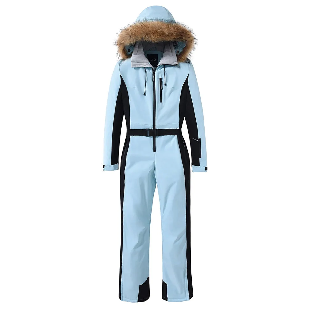 Women's One Piece Ski Suits Fur Collar Outdoor Jumpsuits