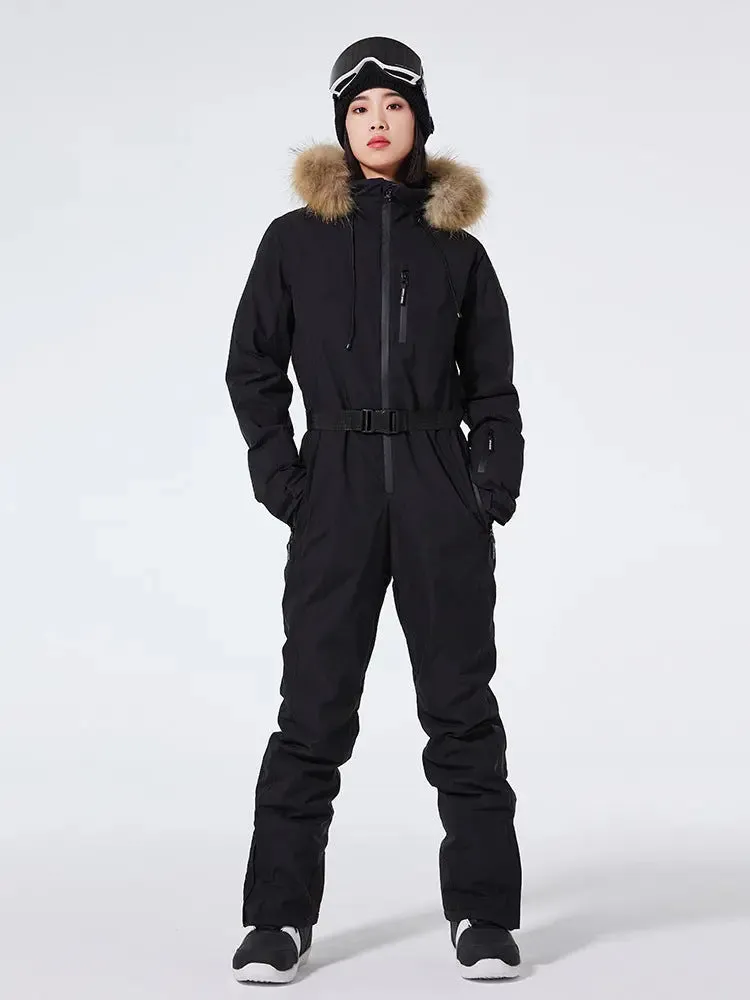 Women's One Piece Ski Suits Fur Collar Outdoor Jumpsuits