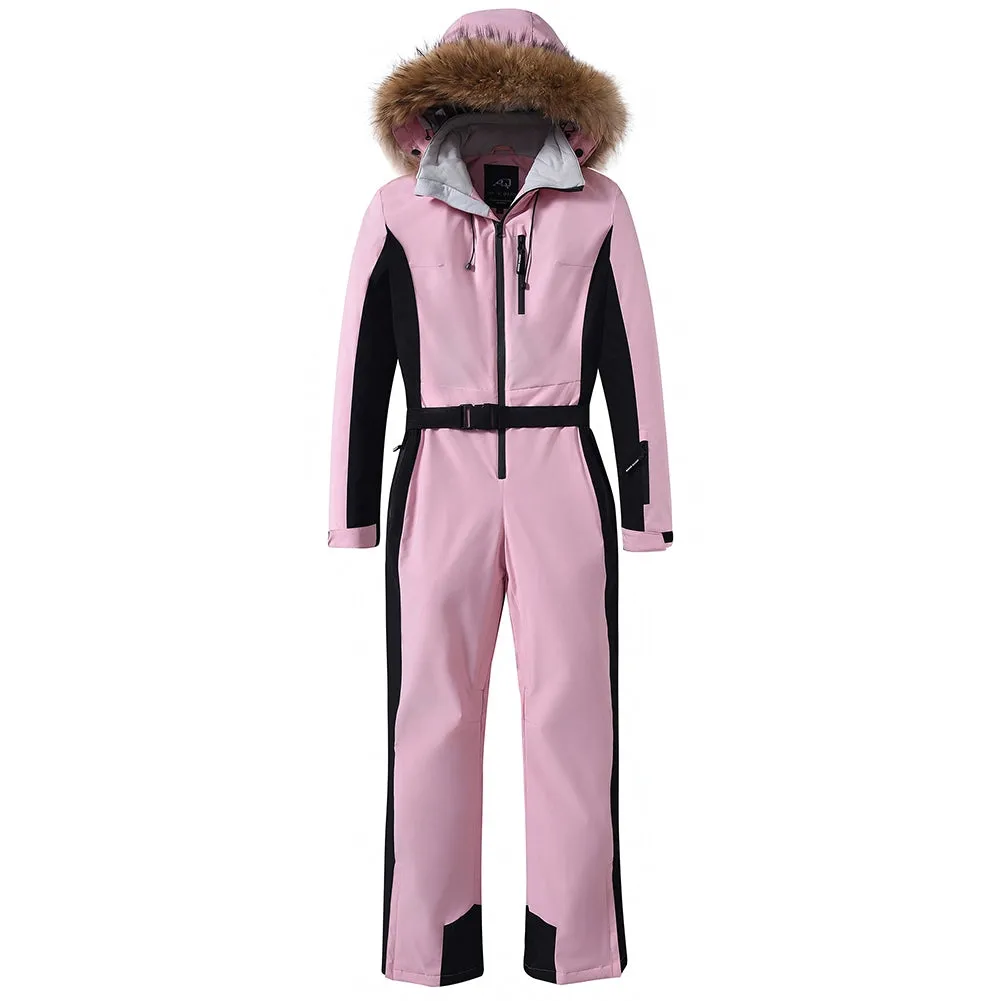 Women's One Piece Ski Suits Fur Collar Outdoor Jumpsuits