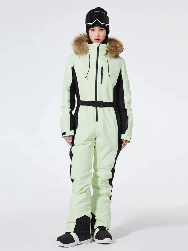 Women's One Piece Ski Suits Fur Collar Outdoor Jumpsuits