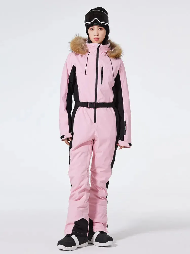 Women's One Piece Ski Suits Fur Collar Outdoor Jumpsuits