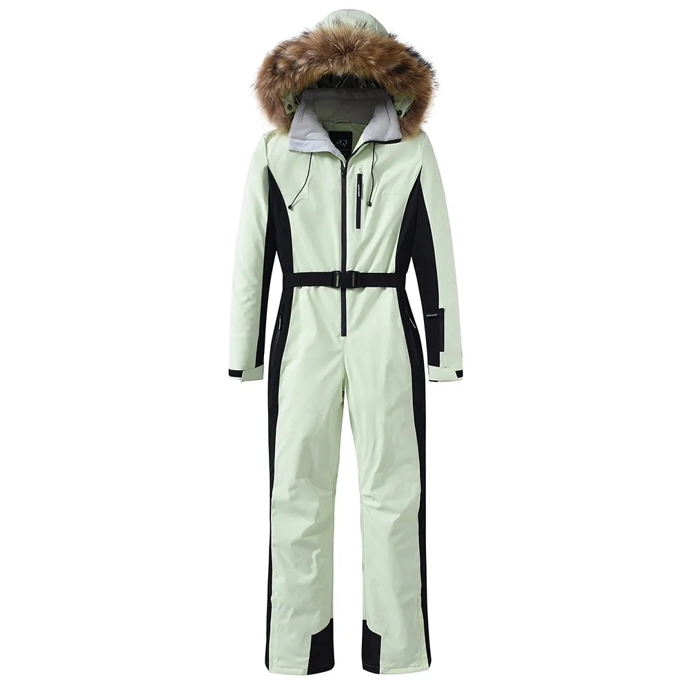 Women's One Piece Ski Suits Fur Collar Outdoor Jumpsuits