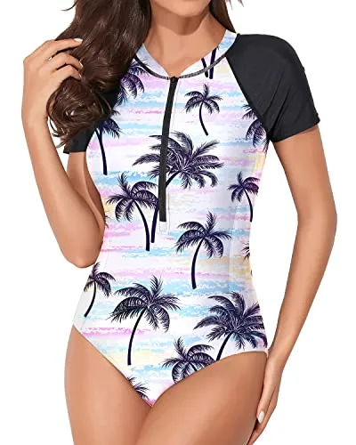 Women's Rash Guard One Piece Zipper Bathing Suit Short Sleeve Swimsuits-Black White Pattern