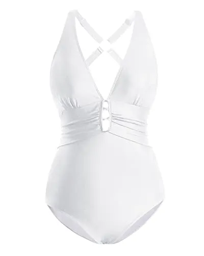 Women's Ruched & Keyhole Bathing Suit For Tummy Control-White