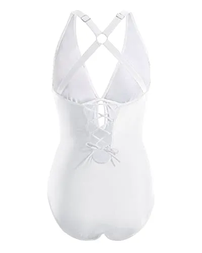 Women's Ruched & Keyhole Bathing Suit For Tummy Control-White