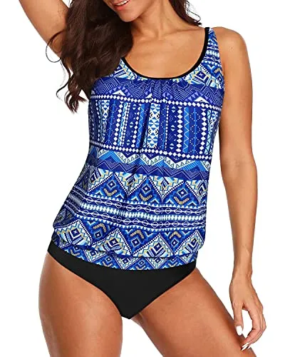 Women's Two Piece Sporty Tankini Set For Tummy Control Bathing Suits-Blue Tribal