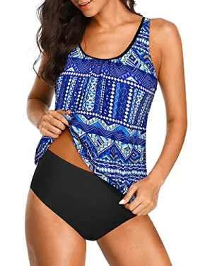 Women's Two Piece Sporty Tankini Set For Tummy Control Bathing Suits-Blue Tribal