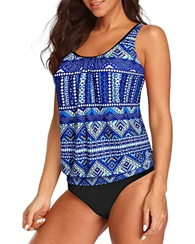 Women's Two Piece Sporty Tankini Set For Tummy Control Bathing Suits-Blue Tribal